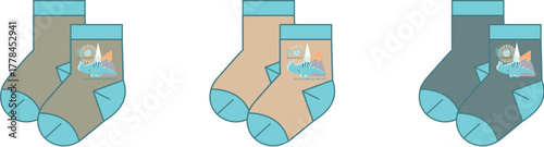 Set of three pairs of cartoon-style baby socks, each with a different color palette and a whimsical rocket ship design