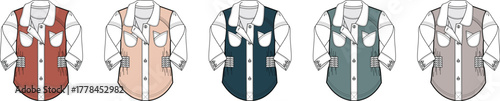 Fashion illustration showcasing a versatile women's button-up sleeveless vest in multiple color options, perfect for apparel design, catalogs, and stylistic concepts