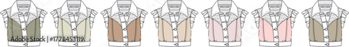 Elegant corset vest fashion flat technical illustration set with multiple color options for apparel collection mockups