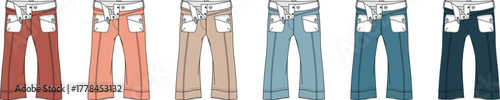 Concept illustrations of versatile women's casual pants in six modern colors, ideal for fashion design projects, apparel concepts, digital presentations, and creative style development