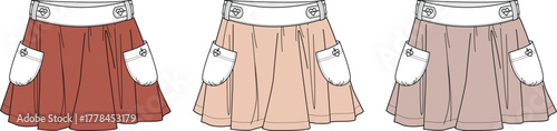Technical flat sketches of a pleated mini-skirt, with front pockets and a contrasting waistband, shown in three warm, earthy colors for apparel design