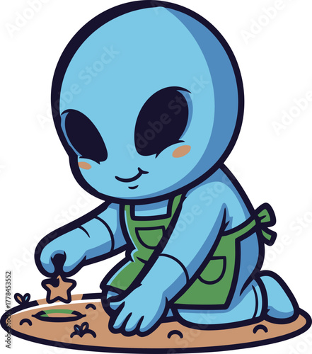 little blue alien tenderly plants a starry seed of hope