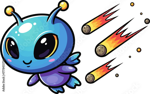 cute space creature rockets past meteors, an interstellar journey unfolds