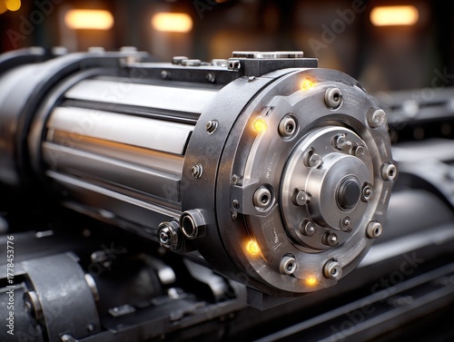 Close-up of a complex industrial machine part with glowing elements.