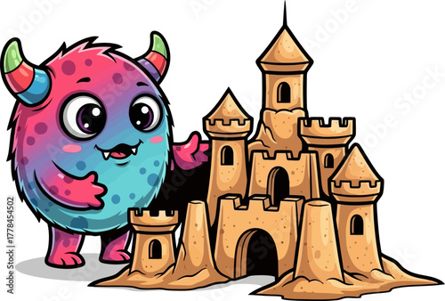 little builder monster unveils grand sandcastle masterpiece with joyful pride