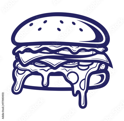 Delicious vector illustration of a classic gourmet cheeseburger with melted cheese and toasted bun
