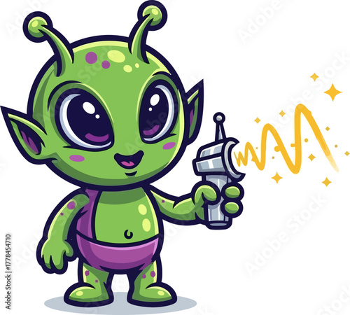 cute cosmic voyager wields a playful ray gun with starry beam