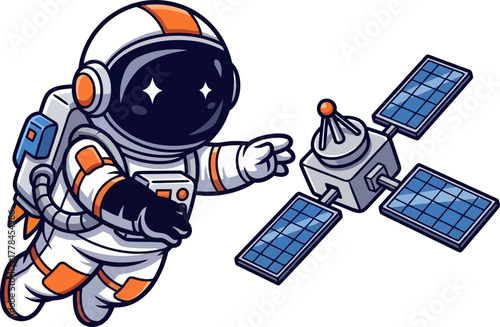 cosmonaut diligently reaches for orbiting satellite, ensuring constant cosmic connection