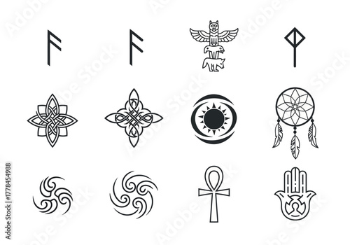 Twelve black and white cultural and religious symbols arranged in three rows