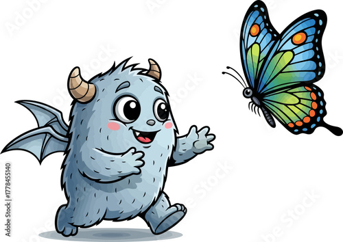 curious little monster playfully chases a vibrant, beautiful butterfly with glee