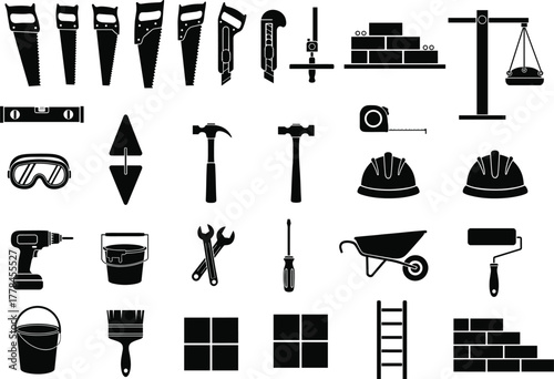 Construction tools silhouettes vector illustration set, industrial equipment icons collection, masonry, carpentry, repair tools, construction site instruments, building and labor work design