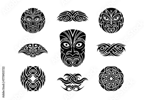 Black and white set of nine Māoriinspired tribal tattoo designs and masks