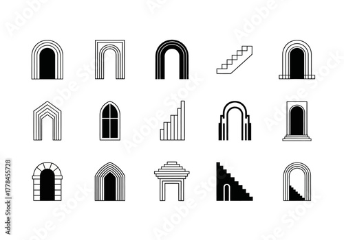 Collection of 15 black and white icons featuring various architectural arches and stair designs