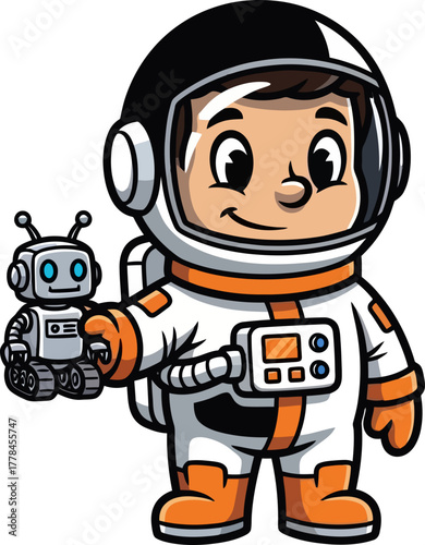 smiling spaceman shares cute robot buddy, inspiring future explorations
