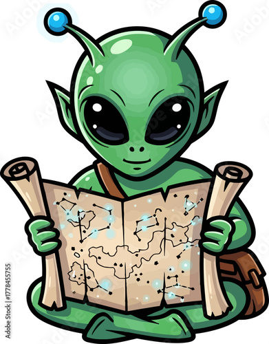 green alien traveler unravels cosmic map, planning intrepid journeys through galaxies
