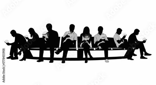 Silhouette of people sitting on a bench using their phones.