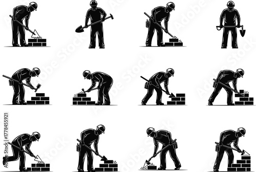 Construction worker silhouettes vector set, bricklayer and masonry labor icons, building industry teamwork, construction tools, industrial job concept, hard work illustration, vector design
