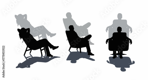 Three silhouettes of people relaxing in different chairs.