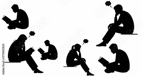 Silhouettes of people reading and thinking in various poses.
