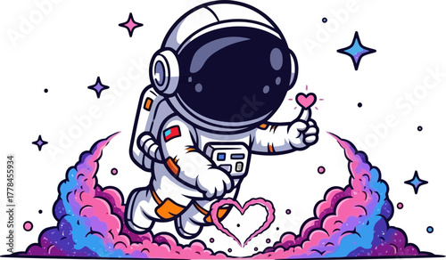 joyful spacewalker offers a sweet heart, creating colorful trails of love