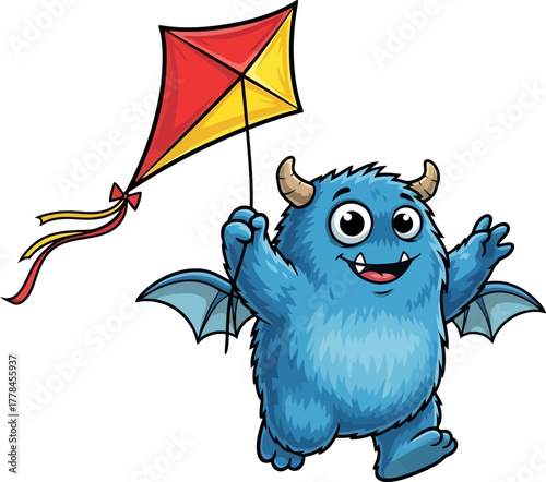 fuzzy blue monster flies kite whimsical joy in simple pleasures
