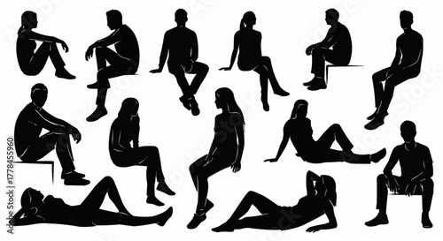 Diverse Collection of Sitting and Lying Human Silhouettes in Various Poses.