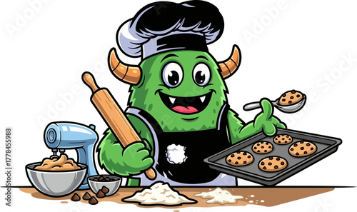 whimsical green baker prepares fresh cookies, spreading culinary cheer