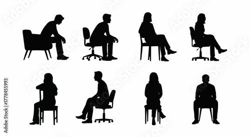Collection of black silhouettes of people sitting on various chairs.