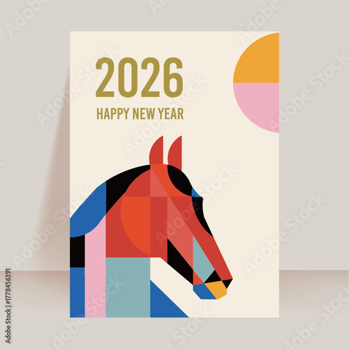 2026 Happy New Year Card with Geometric Horse Head