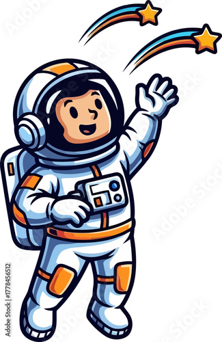 joyful space cadet reaches for celestial dreams, guiding future aspirations onward
