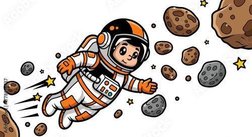 whimsical astronaut explores cosmos, happily dancing through an exciting asteroid field