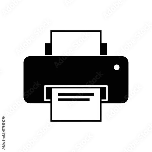 Printer icon representing office equipment, document printing, and computer peripheral. simple black and white vector graphic for technology and hardware symbols.