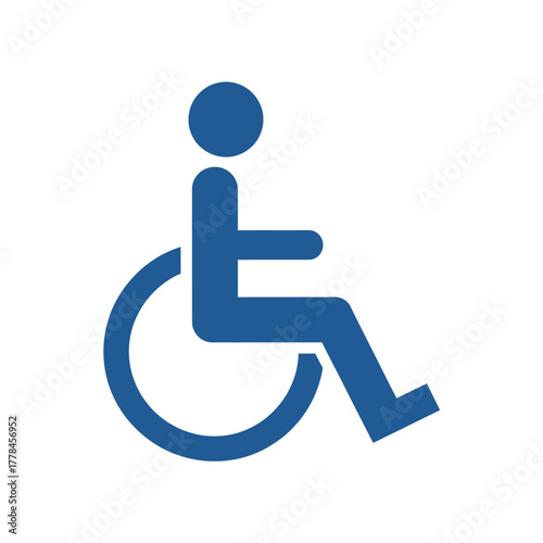 Blue universal wheelchair access symbol icon, representing accessibility for people with disabilities and special needs, indicating accessible facilities and services, isolated on white.