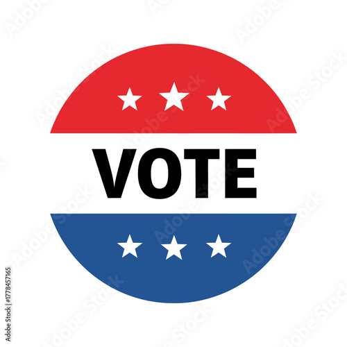 Vote election button, patriotic red, white, blue colors with stars, symbolizing democracy, civic duty, political participation, and general election in the usa.