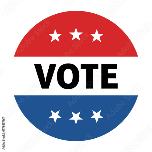 Patriotic red, white, and blue 'vote' button with stars, symbolizing civic duty, democratic participation, freedom, and the importance of elections.