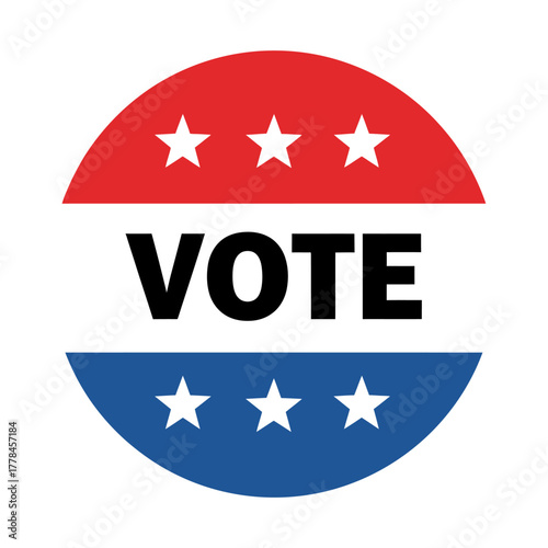 Vote button vector illustration for election campaign, democracy, civic duty, patriotism, and political participation. red, white, and blue circular badge with six stars and bold text.