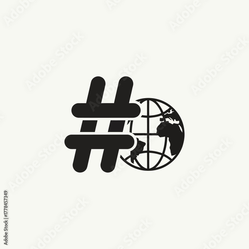 Hashtag symbol and globe icon representing global social media trends.