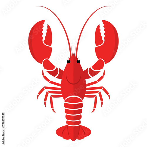 Vibrant red cartoon lobster vector illustration with large claws and long antennae, perfect for seafood menus, marine themes, aquatic life and culinary designs.