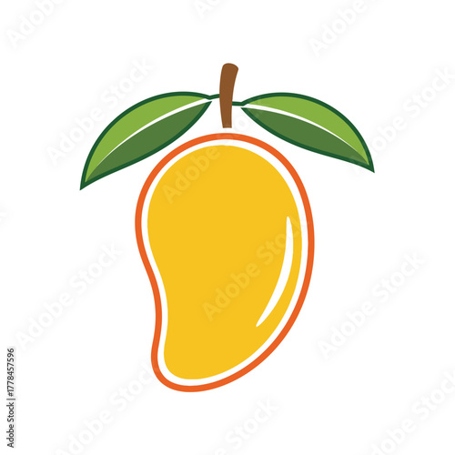 Stylized graphic illustration of a fresh, ripe, yellow mango fruit with green leaves and a brown stem, depicting tropical healthy eating and natural sweet food concepts