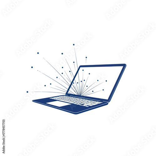 Abstract representation of a laptop with digital data streams emanating from the screen.