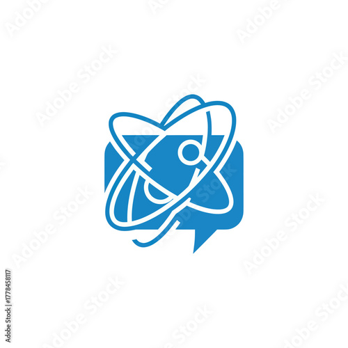 Science communication icon with atom and speech bubble.