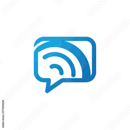 Blue speech bubble with signal waves represents communication and technology.