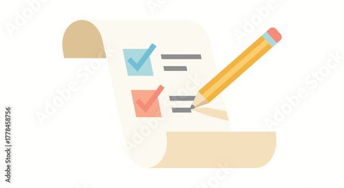 Checklist with checkboxes and a pencil, representing task completion, decision making, and progress in a simple, flat design