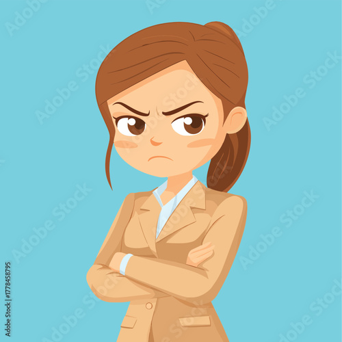 Frustrated businesswoman with arms crossed showing anger and displeasure in a professional setting   , vector style simple color