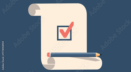 A rolledup document with a checkbox and a checkmark, next to a pencil, symbolizing task completion and approval