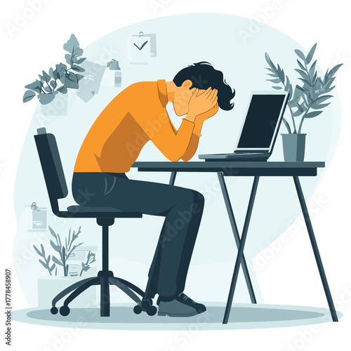 Man experiencing stress and anxiety holding his head in despair while sitting at his desk   , vector style simple color