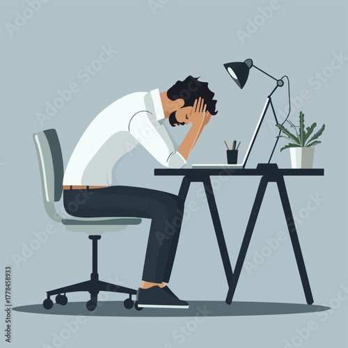 Man experiencing stress and anxiety holding his head in despair while sitting at his desk   , vector style simple color