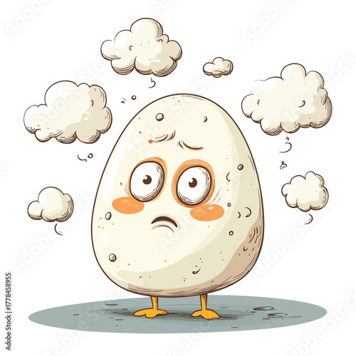 A cartoon character with an egg-shaped body and worried expression surrounded by thought bubbles, symbolizing anxiety and stress on a white background