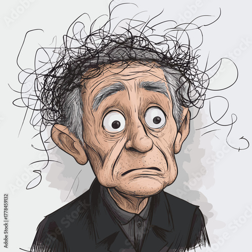 An elderly man with a troubled expression and tangled lines around his head looking confused and distressed   , vector style simple color