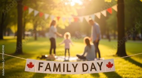 Happy family day banner with family having picnic in park at sunset